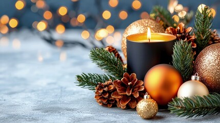Lit candle with pine cones, ornaments, and evergreen branches on a textured surface with bokeh lights in the background.