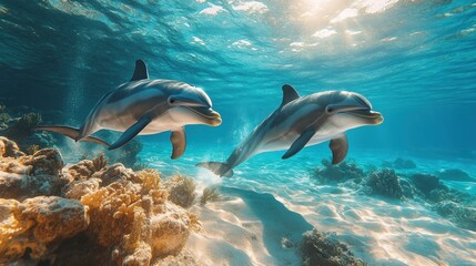 Fototapeta premium Two dolphins swimming over coral reef in sunlit ocean.