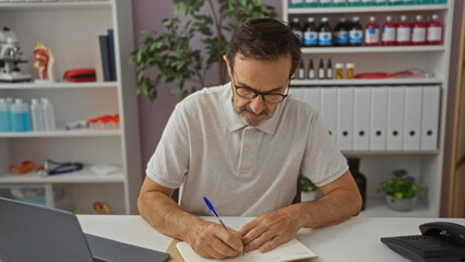 Middle-aged hispanic man writing in a pharmacy office surrounded by medical supplies and plants, showcasing a professional and organized interior setting emphasizing a mature working environment.