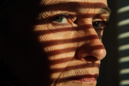 Senior woman observing through blinds, contemplative moment in golden light