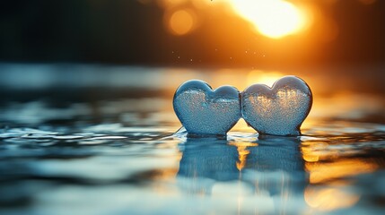 Fototapeta premium Two glass hearts reflecting in sunset water.