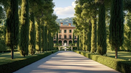 Obraz premium Sunlit pathway leads to grand Italian-style villa nestled amongst tall cypress trees and manicured hedges.