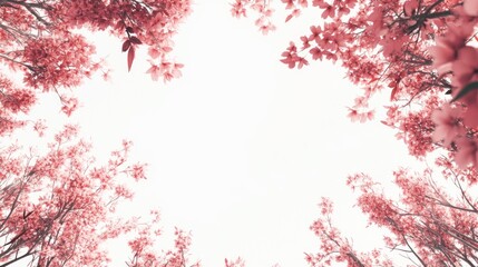 Pink leaves frame white sky.
