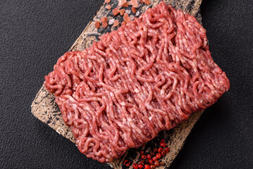 Fresh raw ground minced beef with salt and spices