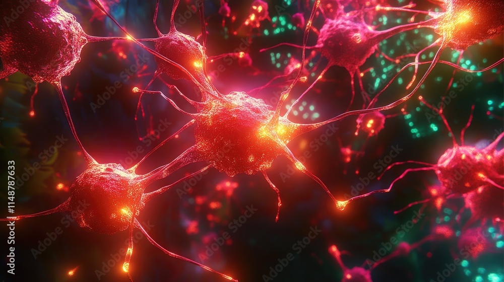 Aufkleber scientific 3d rendering of molecular networks; illuminated nodes and glowing connections signify med