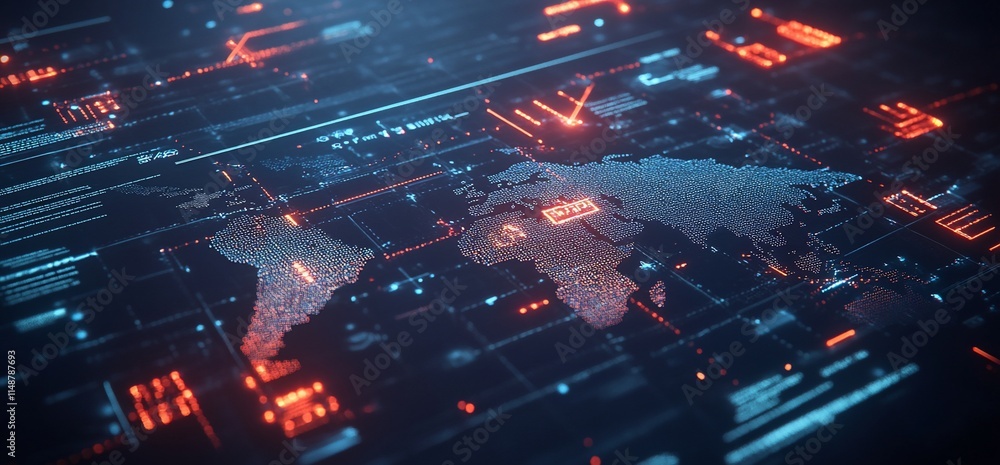 Aufkleber digital world map with data visualizations in a futuristic style.