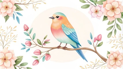 Charming Bird Perched Amid Beautiful Floral Arrangement in Pastel Colors