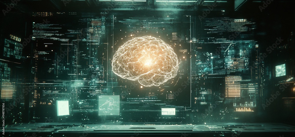 Aufkleber digital representation of a brain amidst a futuristic tech interface.