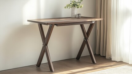 Simple Wooden Table with Floral Arrangement and Sunlight