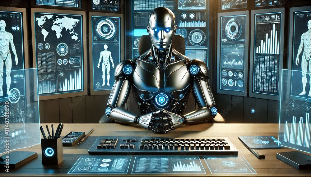 Poster robot working on computer