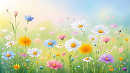 Fototapeta premium Vibrant Meadow with Blooming Flowers in a Clean White Style