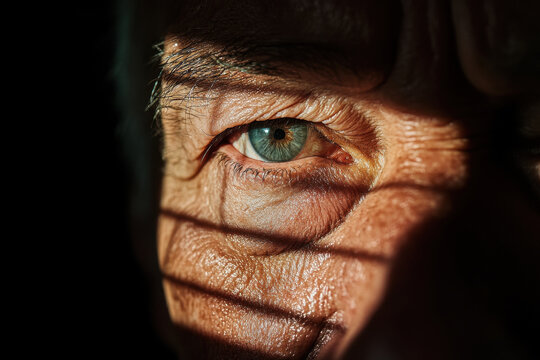 Senior man hiding behind blinds showing only one eye with shadows across face