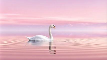 Fototapeta premium Serene White Swan Gliding on Calm Water with Ethereal Pink Sky