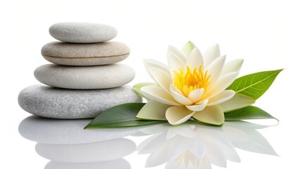 Fototapeta premium Serene Spa Concept with Lotus Flower and Smooth Pebbles Isolated