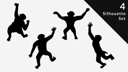 Hand Drawn Siamang Gibbon Silhouette Set in Various Poses. Isolated Vector Illustration.