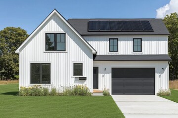 Modern Sustainable Home with Solar Panels Featuring Minimalist Design and Lush Green Lawn in a Serene Residential Neighborhood