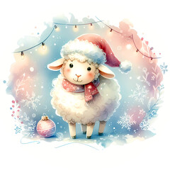 A fluffy sheep in a red scarf, surrounded by snowflakes and sparkling lights