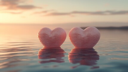 Fototapeta premium Two pink hearts floating on calm water at sunset.