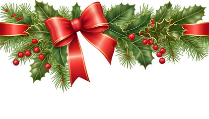 Christmas ribbon with branches of trees and berries of holly on a white background with red ribbons