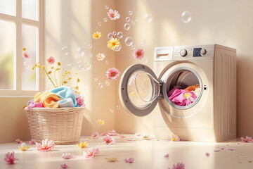 Open door of a washing machine with flower petals and soap bubbles flying out against the beige bathroom background. Laundry, washing and detergents concept. Product shot for poster, advertising