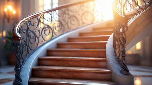 Elegant spiral staircase railing under warm morning light showcasing intricate design