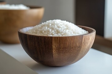 Fresh White Rice Piled High in a Beautiful Wooden Bowl with a Soft Natural Light Background Enhancing the Texture and Color of the Grains