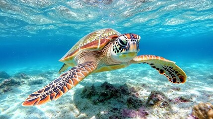 Obraz premium Tropical breeze wildlife concept. A sea turtle swimming gracefully underwater.