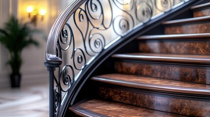 Elegant spiral staircase with polished wood steps in warm morning light