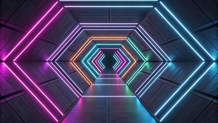 Obraz premium Neon Geometric Tunnel with Glowing Panels and Reflections