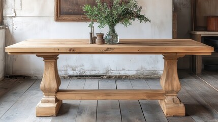 Elegant Wooden Table with Fresh Greenery Arrangement