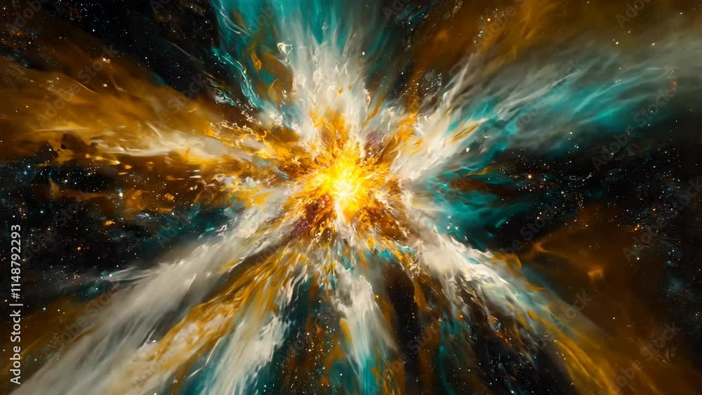 Poster cosmic explosion revealing vibrant colors and dynamics in the universe during a stellar event