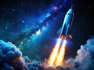Obraz premium Bold Blue Rocket Launching into Starry Night - Space Exploration Stock Photo