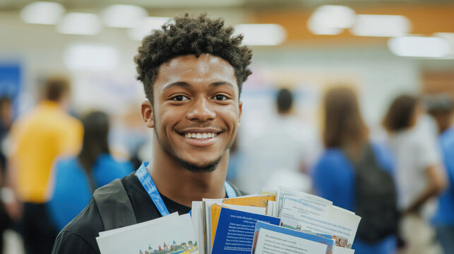 Young man smiles enthusiastically at college fair. Holds several university brochures. Seems happy, excited about future opportunities. Potentially high school graduate. Appears ready to explore