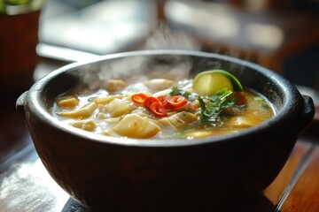 Aromatic and Flavorful Hot Soup in a Traditional Stone Pot with Fresh Ingredients and Colorful Garnish, Perfect for Cozy Meals and Inviting Dining Experiences