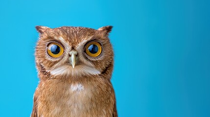 Fototapeta premium Close-up of an owl with bright yellow eyes against a vibrant blue background.