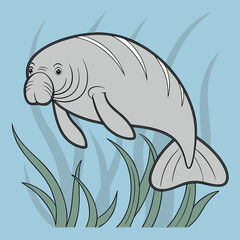 Vector artwork of a manatee grazing on seagrasses underwater, perfect for marine and wildlife-themed designs.