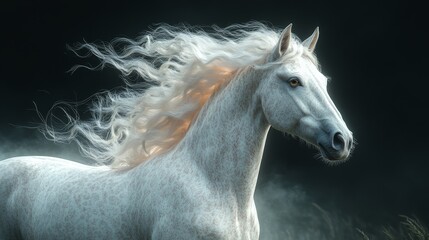 Obraz premium A white horse with long hair is running through a field