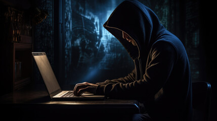figure in a dark hoodie works on a laptop in a dimly lit room, evoking themes of cybersecurity, hacking, and digital privacy in a cinematic, suspenseful setting.