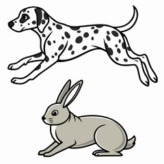 Vector art of a Dalmatian dog chasing a wild rabbit, perfect for micros tock use, featuring dynamic motion and vivid details