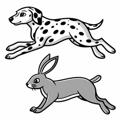 Vector art of a Dalmatian dog chasing a wild rabbit, perfect for micros tock use, featuring dynamic motion and vivid details
