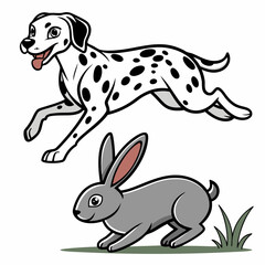 Vector art of a Dalmatian dog chasing a wild rabbit, perfect for micros tock use, featuring dynamic motion and vivid details