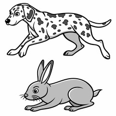 Vector art of a Dalmatian dog chasing a wild rabbit, perfect for micros tock use, featuring dynamic motion and vivid details