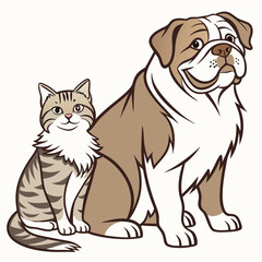Vector art featuring a domestic longhair cat sitting with an English bulldog, perfect for pet-themed designs