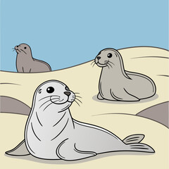 Harbor seals resting peacefully on a sandy sea beach, showcasing serene wildlife and coastal beauty.
