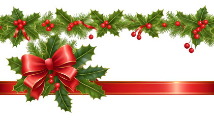Christmas ribbon with branches of trees and berries of holly on a white background with red ribbons