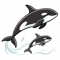A heartwarming vector artwork of a mother orca swimming gracefully with her newborn baby, showcasing a serene underwater bond.