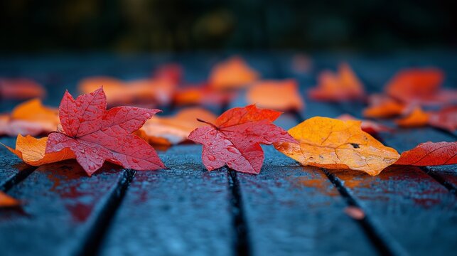 Fallen leaves on wooden floor background - Powered by Adobe