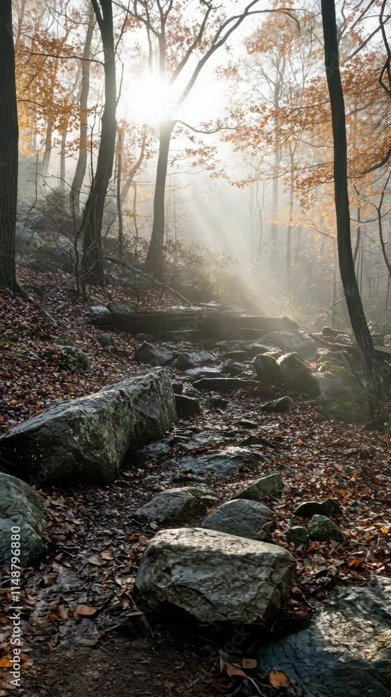 Poster sunlight filters through trees in a misty forest scene with rocky paths and autumn leaves
