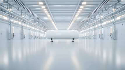 Naklejka premium Modern clean room interior with futuristic white cylindrical structure in a spacious industrial facility, illuminated with bright ceiling lights and sleek design
