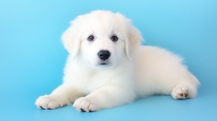 Obraz premium Fluffy white puppy resting on a light blue background, showcasing its calm and endearing charm.